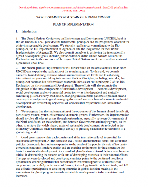 Plan of Implementation of the World Summit on Sustainable Development ...